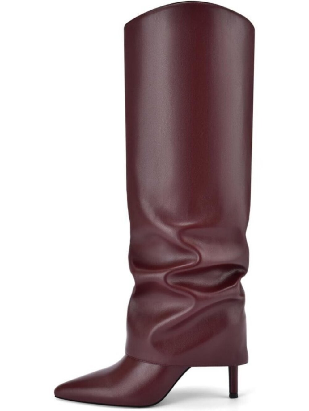 Women's Wine Red Fold Over Knee High Boots Pointed Toe Slouch Long Heeled Boots